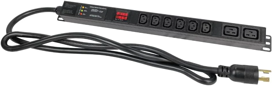 Metered-Surge Protection Power Distribution Unit, 240V, L6-30P Plug, 30A, 7200watts, (6) C13 & (2) C19 Outlets, Networking, Server Rack, Heavy Industry, Crypto Mining PDU