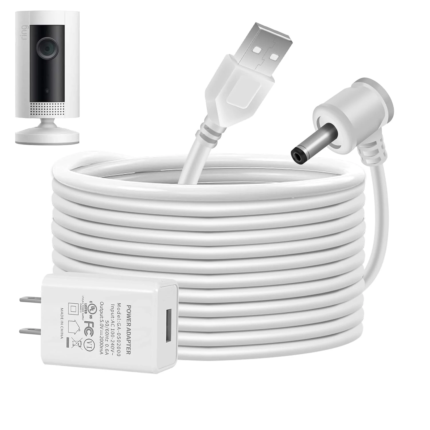 Charge Cords 30ft for Ring Weatherproof Indoor Outdoor Charging Cable with Quick 2Amp Power Adapter for Ring Stick Up Cam Battery 3rd Gen/2nd Gen & Spotlight Cam Battery