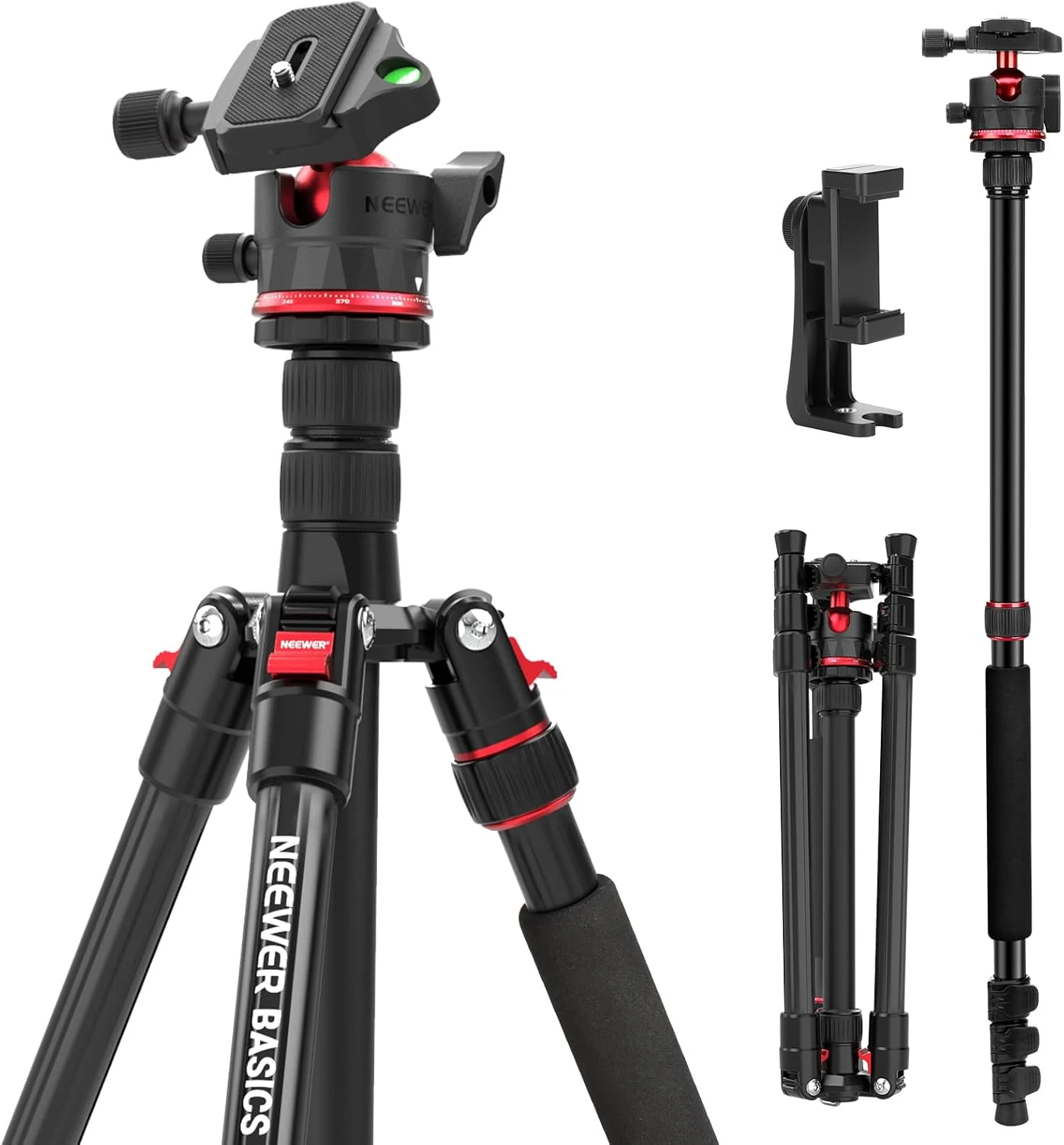 NEEWER Basics 72" / 182 cm Travel Tripod Monopod for Camera, Compact Lightweight Portable Video Recording Stand, Arca Type Ball Head, Cell Phone Holder Compatible with iPhone, Max Load 13.2 lb, TP14B