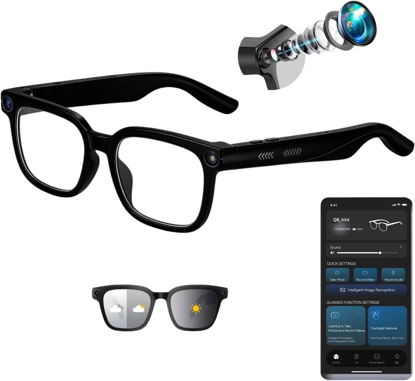 UFSVVOLF AI Smart Glasses with Camera, 4K HD Video Audio Recording