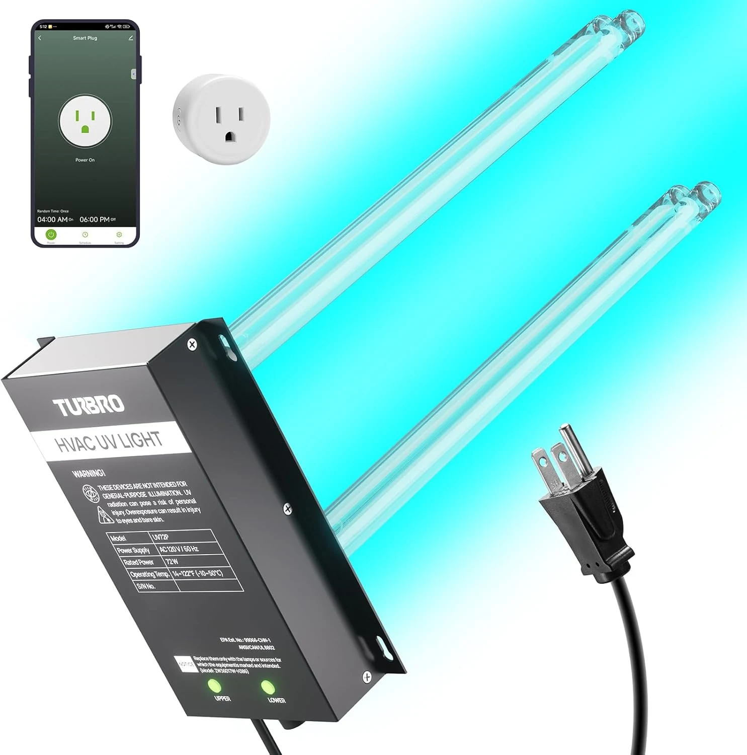 TURBRO 72W UV Sanitizer Lamp with Smart Plug, ETL&CARB Listed, Ozone Free Ultraviolet Light with Timer Outlet (UV72PW)