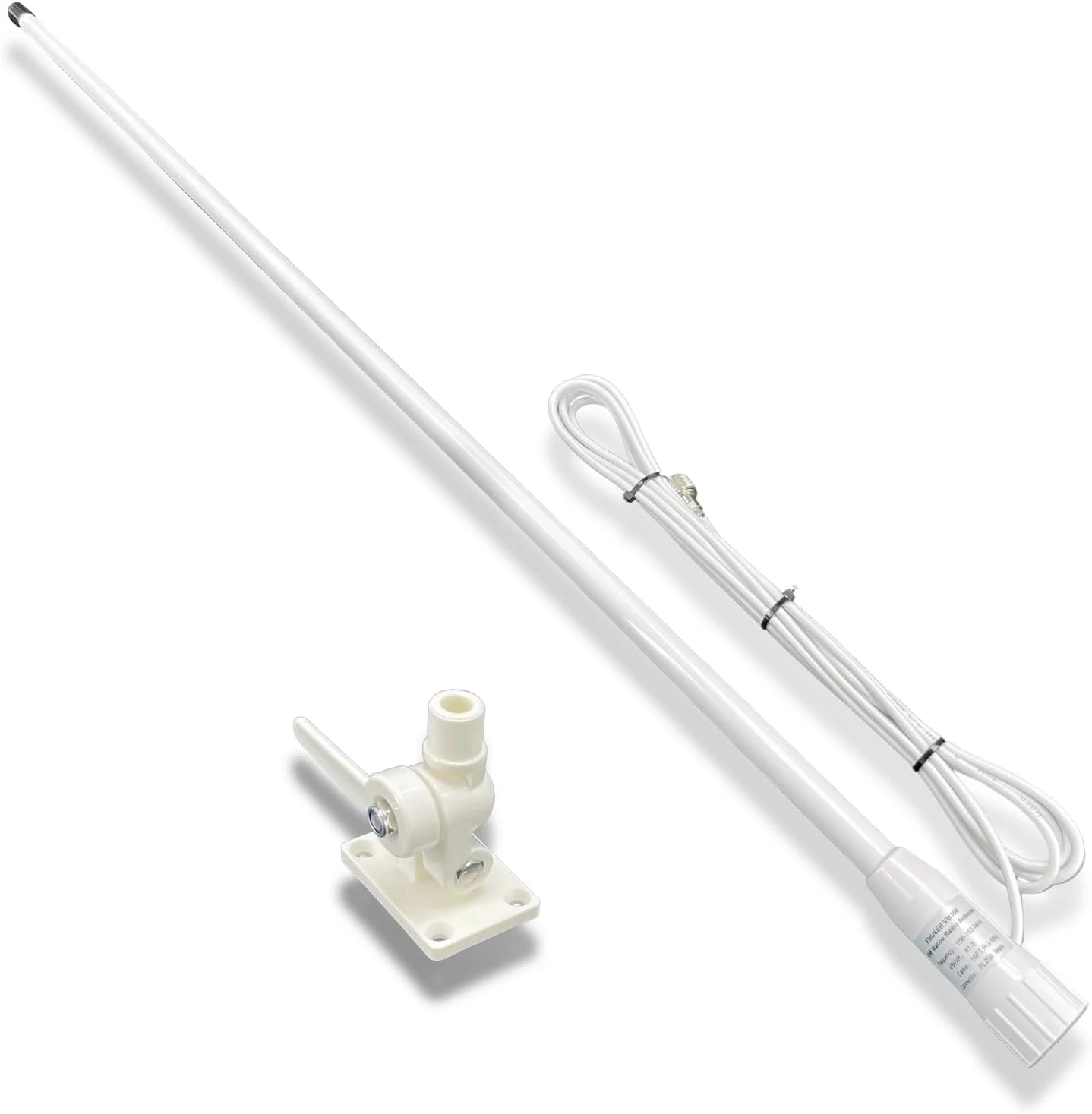 VM100 VHF Marine Radio Antenna, 44 Inch Waterproof Fiberglass Boat Antenna with Adjustable Ratchet Fixed Mount and 16 ft RG-58U Cable