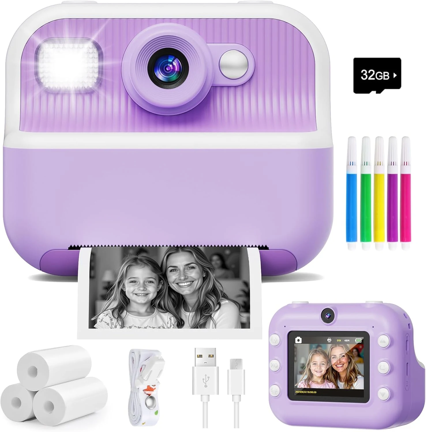 Instant Camera, Front Rear Dual Selfie Kids Camera with 1080P