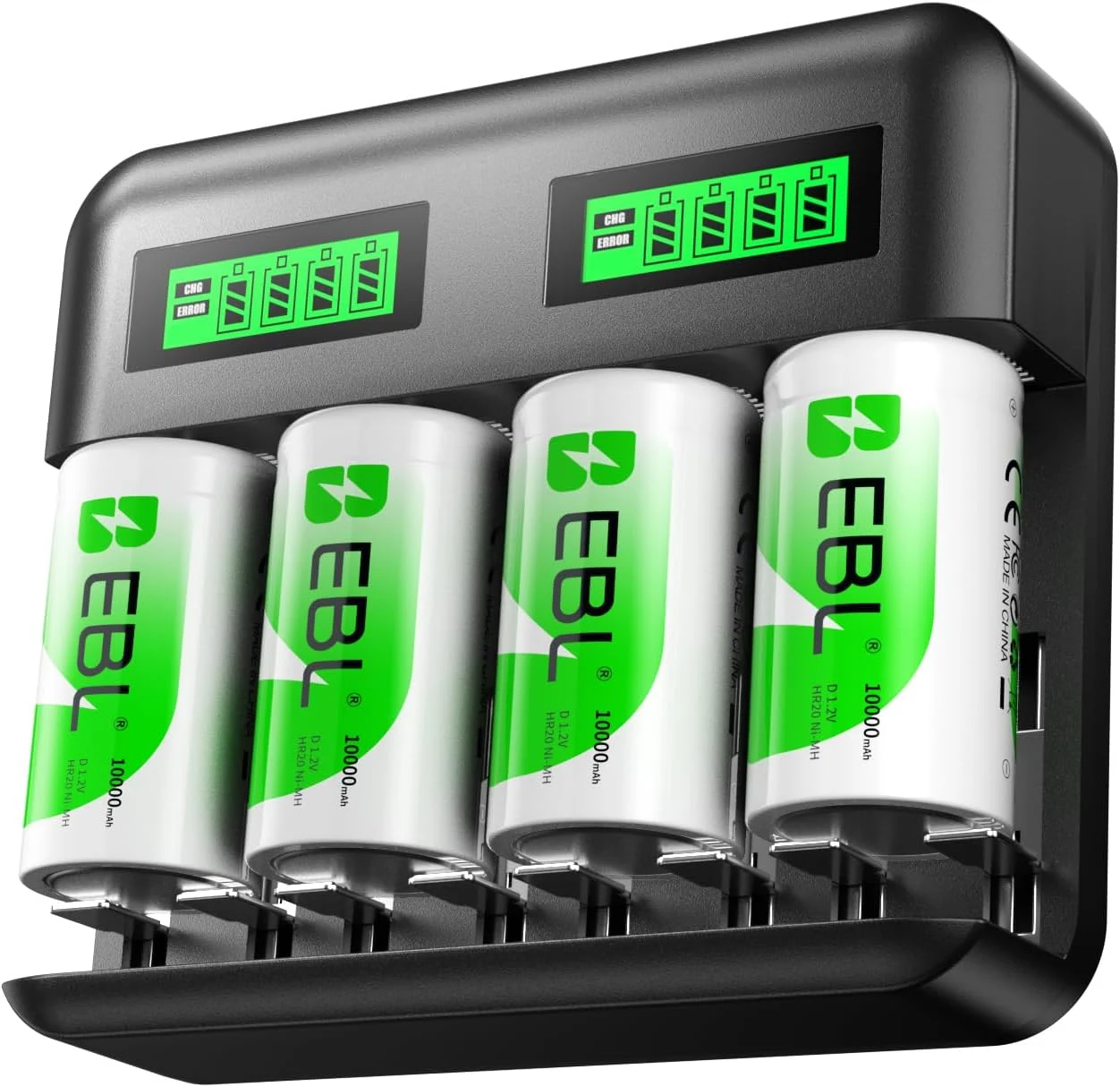 EBL Rechargeable D Batteries 4 Pack 1.2V 10000mAh High Capacity with LCD Smart Battery Charger
