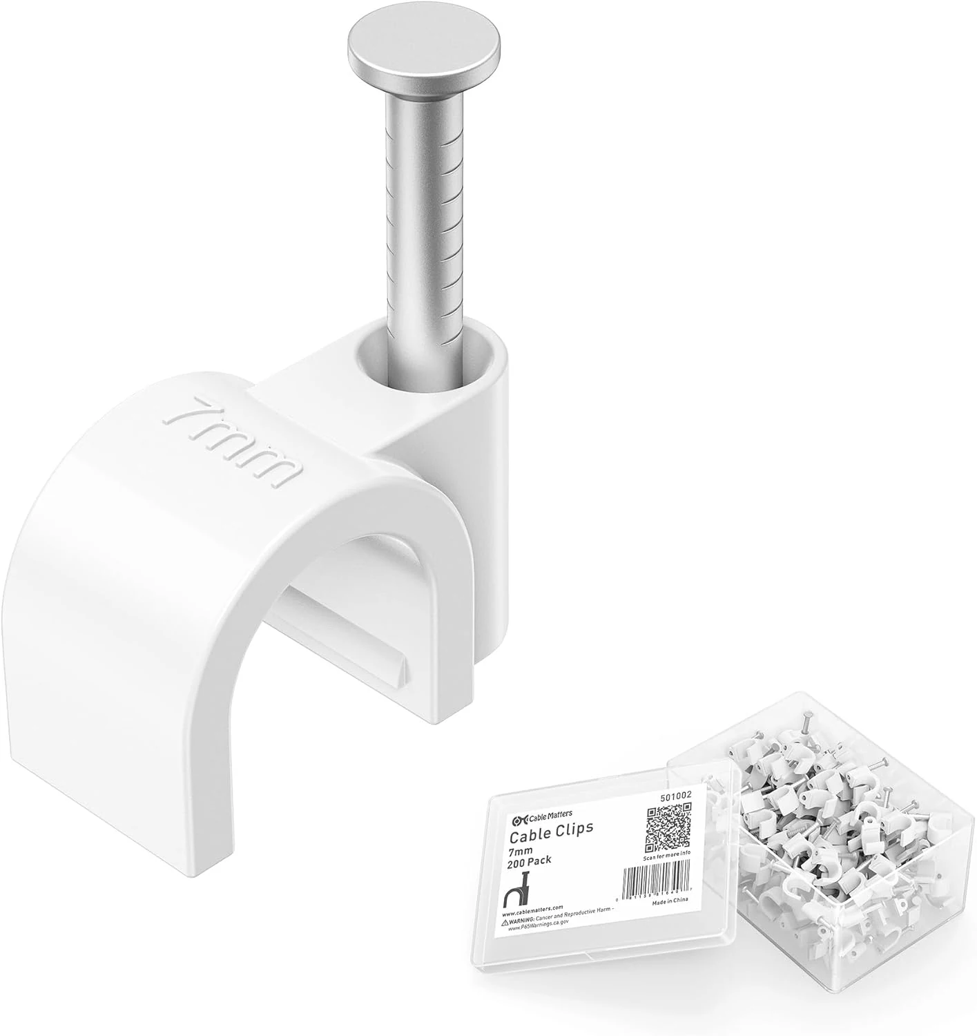 Cable Matters 200-Pack Nail-in Cable Clips Cord Organizer, 7mm / 0.27 inches, Ethernet Cable Wall Clip, Wire Wall Clips, White