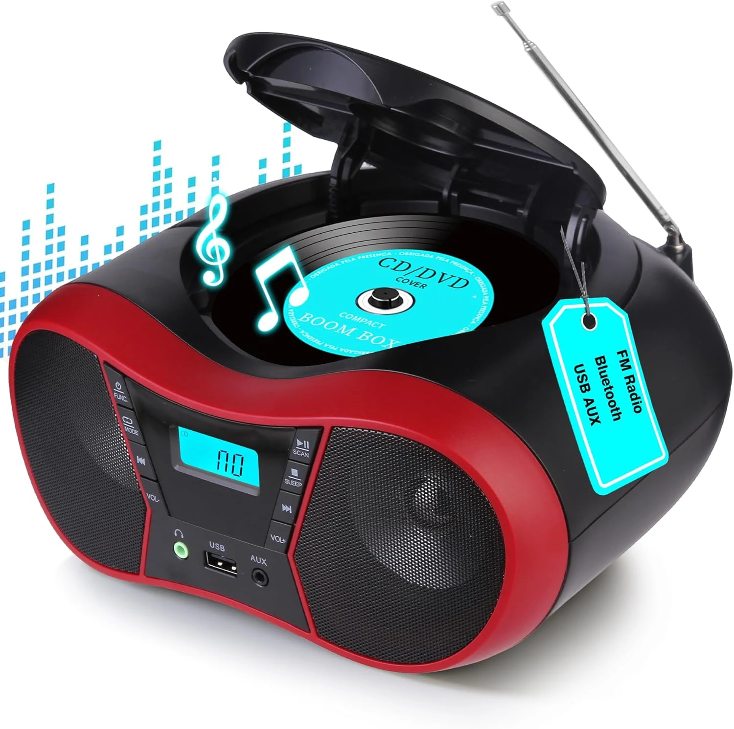 Boombox CD Player Portable, Portable CD Players for Home, Radio CD Player Stereo with AUX/USB/FM/Bluetooth, AC/Battery, Sleep Timer, Boom Box with Bluetooth Gift for Kids,Seniors,Home, Red