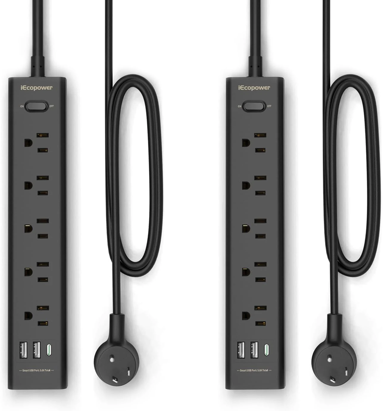 IECOPOWER 2 Pack Power Strip Surge Protector with 5 Widely Spaced Outlets and 3 USB Ports (1 USB C)