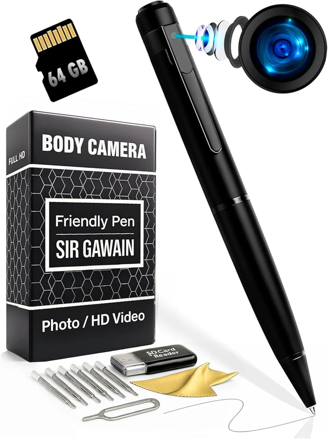 SIRGAWAIN Premium Body Camera Pen — Full HD 1080p Video & Photos, Motion Detection, One-Button Control, 2026 Model