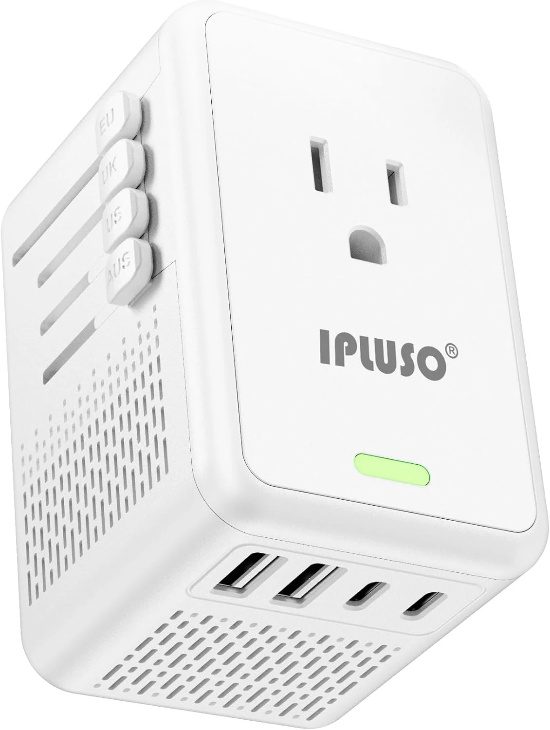 Converter for European Travel, Specially for Hair Dryers, 220v to 110v Voltage Converter with AC Socket, 2 USB C & 2 USB A Ports (White)