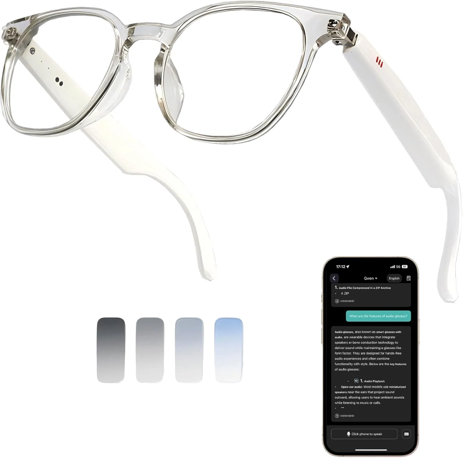 AI Smart Glasses, 164 Language Translation Glasses, Bluetooth Glasses with Speakers for Music and Calls, Photochromic Lenses, 170mAh Battery for Men Women, Travel, Work and Sports