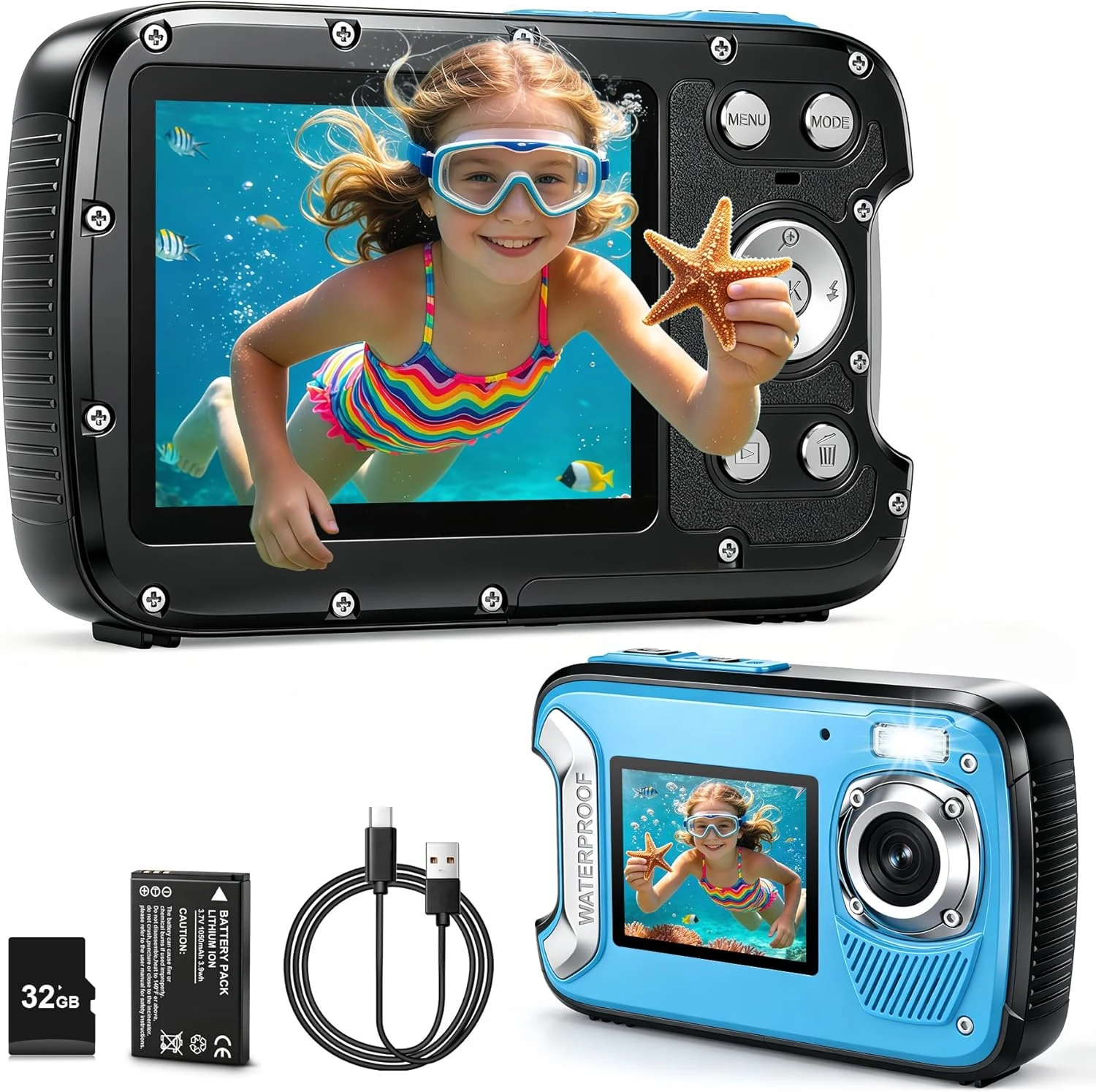 5K Underwater Camera, 33FT/10M Waterproof Camera, 96MP Autofocus Dual-Screen Digital Camera with 18X Zoom, Fill Light, 32GB Card for Snorkeling Scuba Diving Surfing