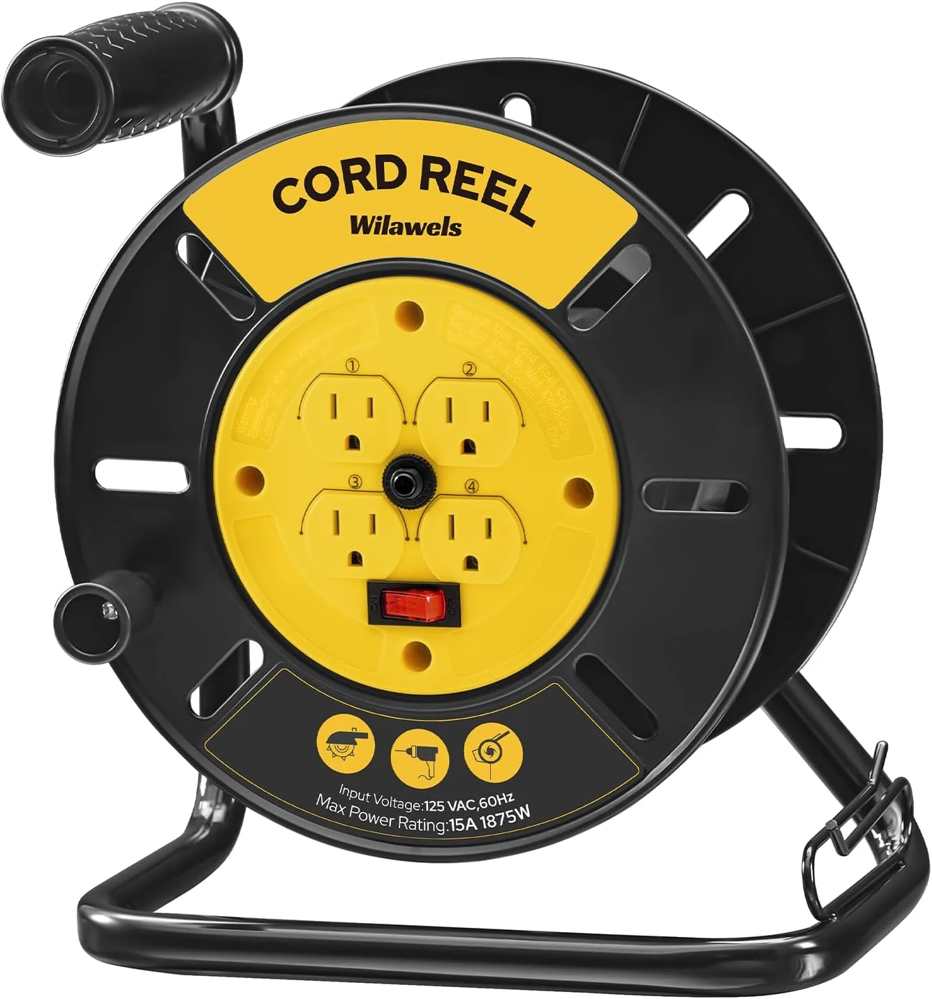 Extension Cord Storage Reel with 4-Grounded Outlets, 15A Circuit Breaker, Heavy Duty Open Cord Reel (Y95CR06)