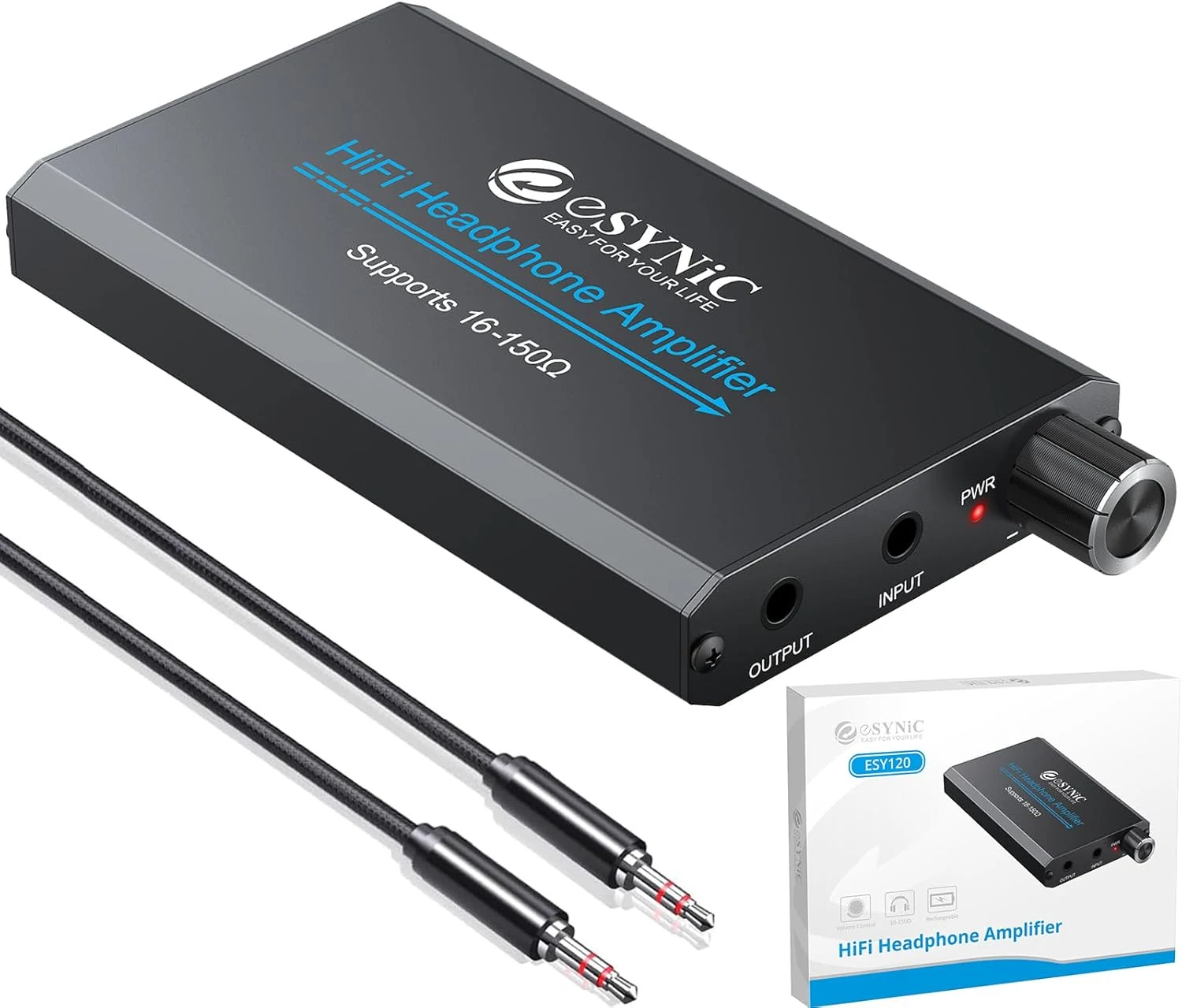 eSynic 16-150Ω Headphone Amplifier (Portable 3.5mm, Rechargeable, 2-Stage Gain)