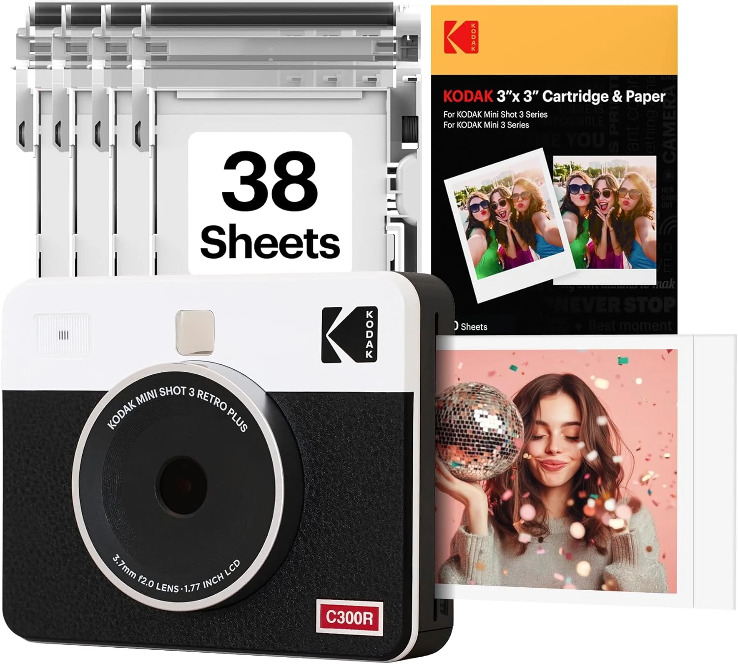 KODAK Mini Shot 3 Retro 3x3” Instant Digital Camera & Photo Printer, 38 Sheets, 2-in-1 Portable Print Camera, Bluetooth Smartphone Printer for iOS & Android, 4PASS Dye Sublimation, White