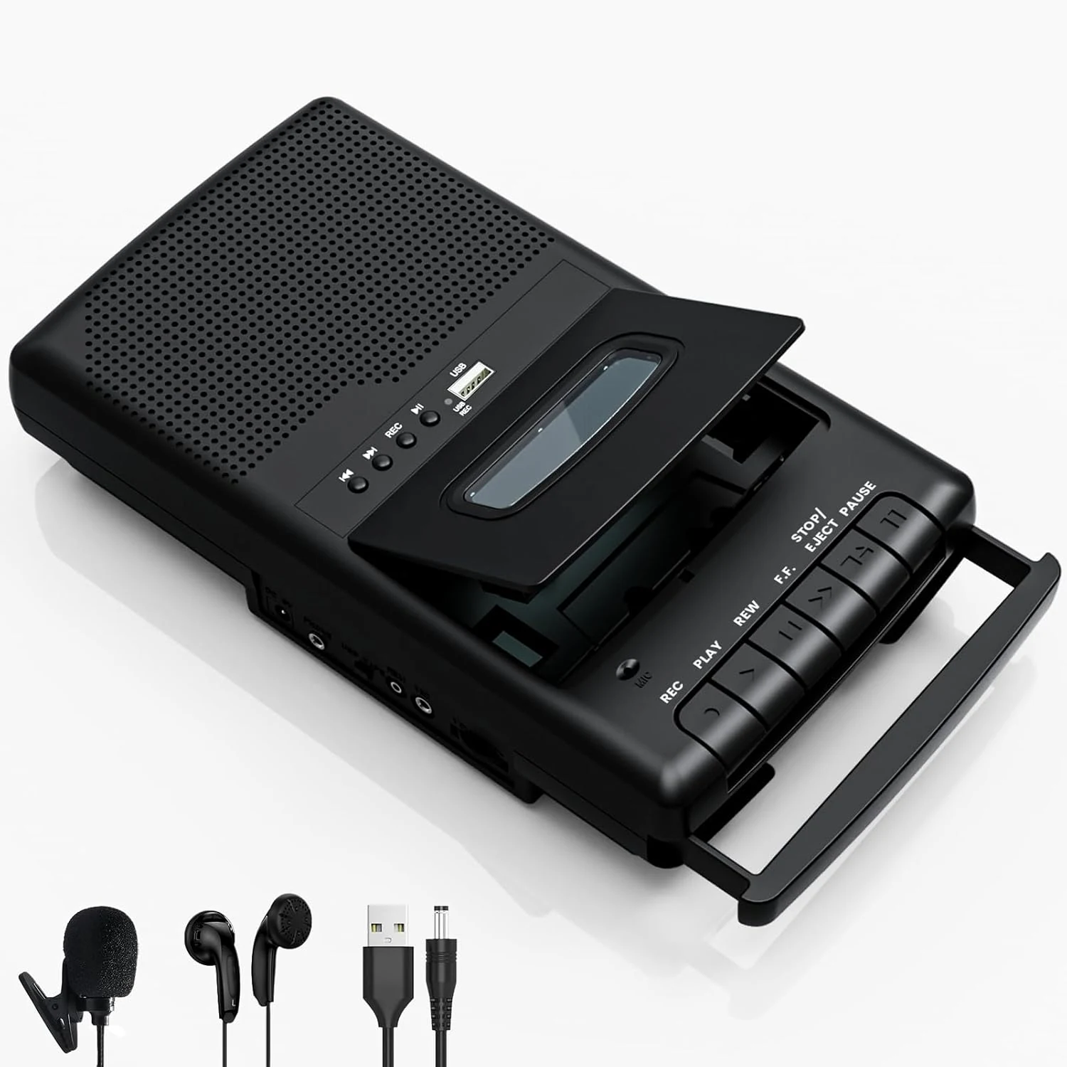 Portable Tape USB Player with Stand-Alone Mic, Cassette Players Recorder, Cassettes Tape Digital Converter to USB Flash Disk, Built-in Speaker, Retractable Handle, One-Touch Recording