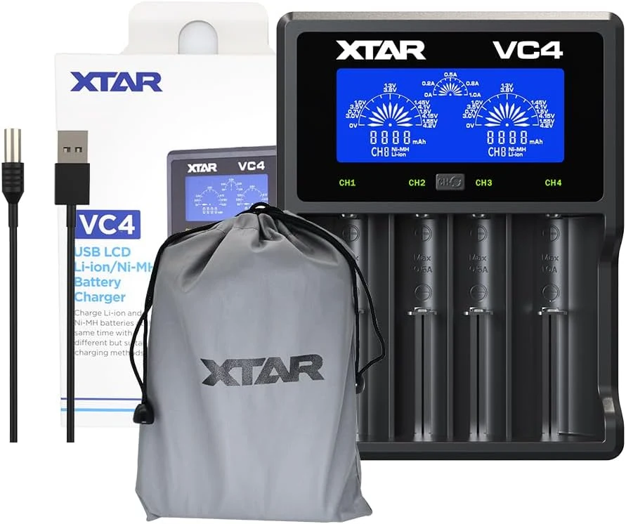 XTAR VC4 Universal Battery Charger - LCD Display, 4 Slots for 18650 Batteries
