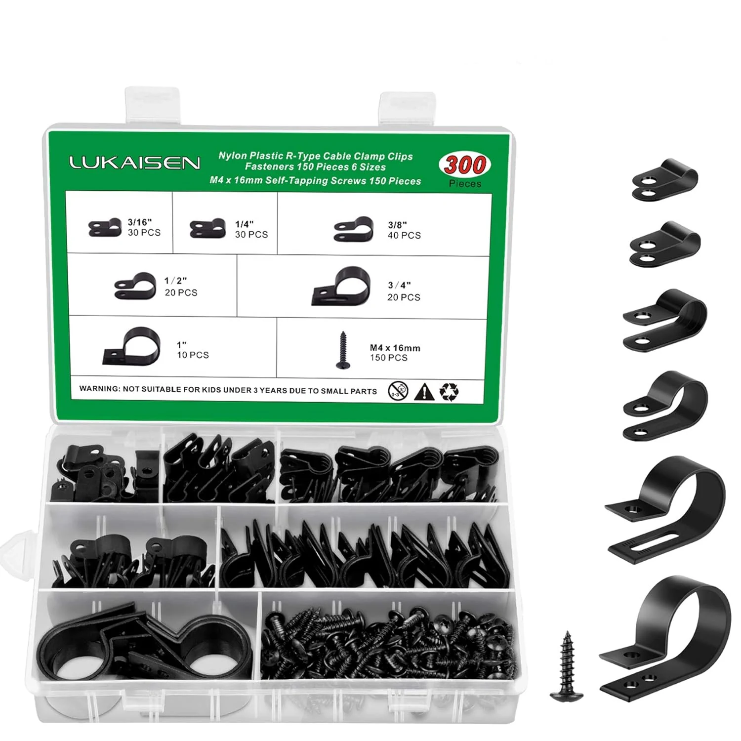 Cable Clips for Cable Management Cord Organizer, 6 Sizes 300 PCS Nylon R-Type (M4 Screw Kit)