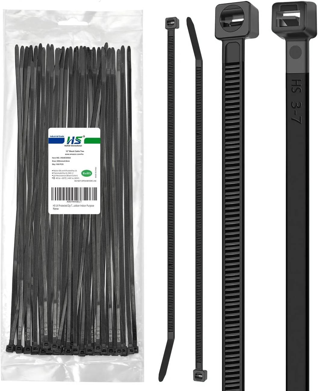 HS UV Protected Zip Ties 12 Inch (100 Pack) Self Locking Strong Plastic Wire Ties 12 Inch Black Nylon Cable Ties 50 LBS, Outdoor Indoor Purpose