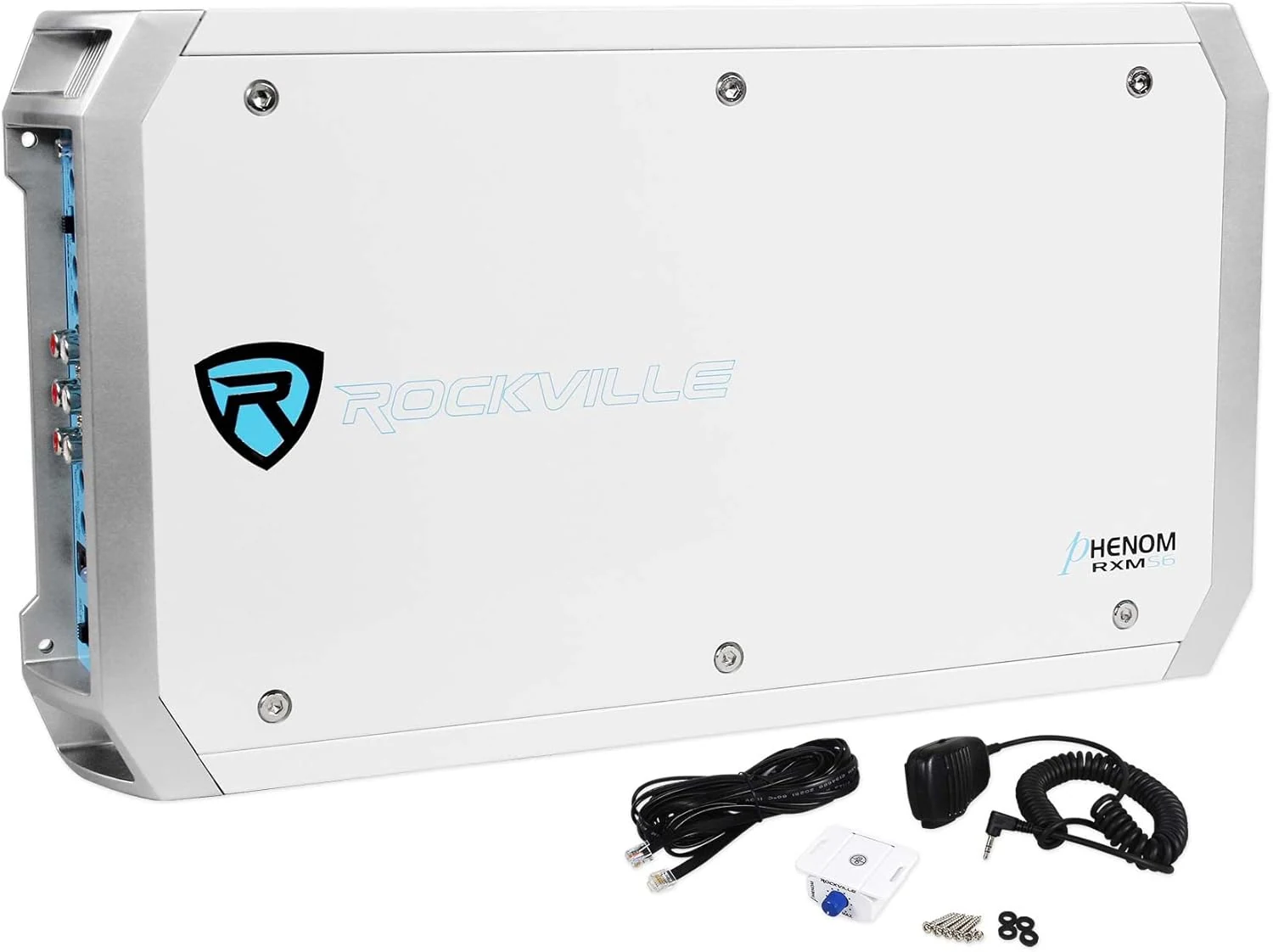 Rockville RXM-S6 2600W Peak/660W RMS 6-Channel Marine Amplifier, PA Microphone, Waterproof Design, Bass Remote for Boats and Marine Audio