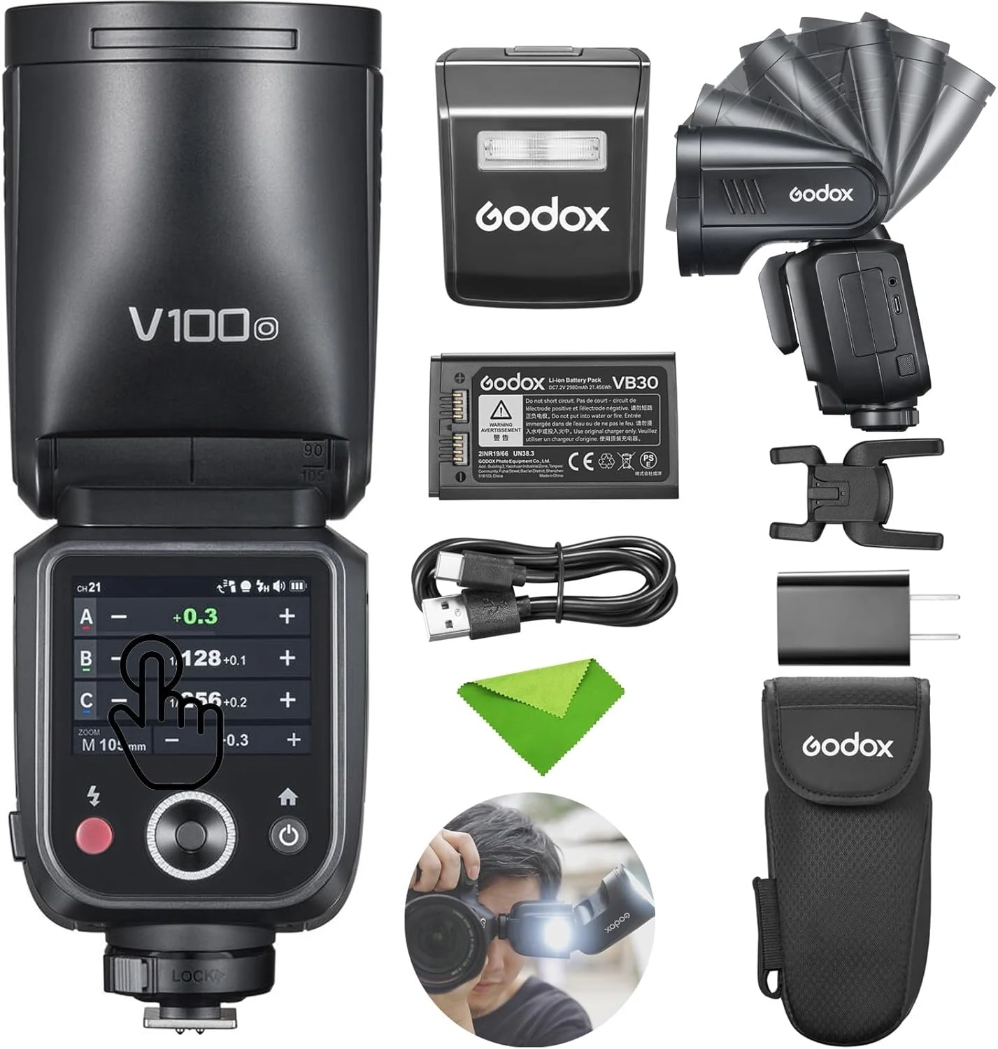 Godox V100 V100-O 100W Flash for Olympus Panasonic Cameras, TTL 1/8000 HSS, 400 Full Power Flashes, 1.7s Recycle Time, 2.4G Wireless with External Flash, Touchscreen Flash (Godox V100-O USA Version)