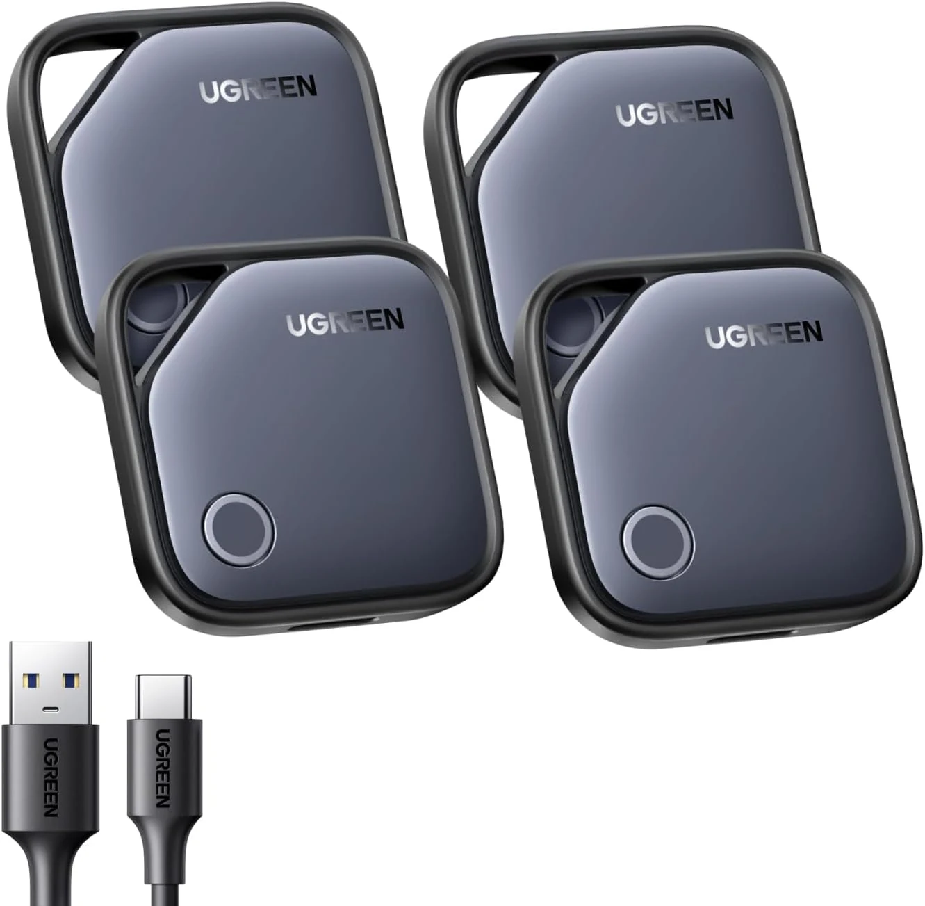 UGREEN FineTrack (iOS Only) Air Tracker Tags 4 Pack, 1-Year USB-C Rechargeable Battery Bluetooth Tracker Compatible with Apple Find My