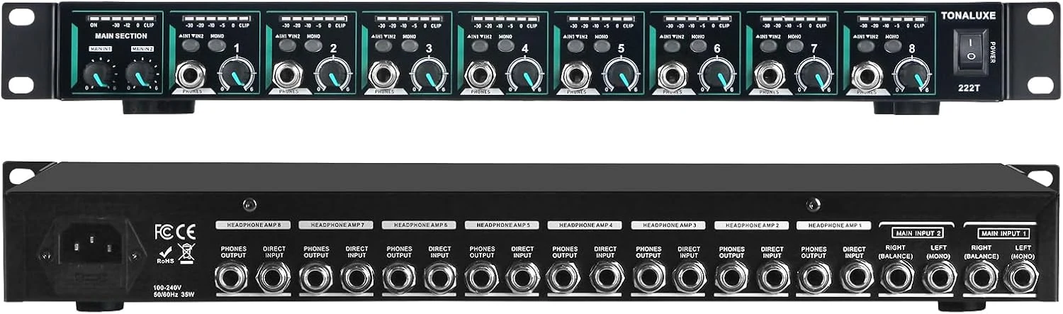 TONALUXE 8-Channel Headphone Mixing Distribution Amplifier (16 Headphone Outs, Mono/Stereo)