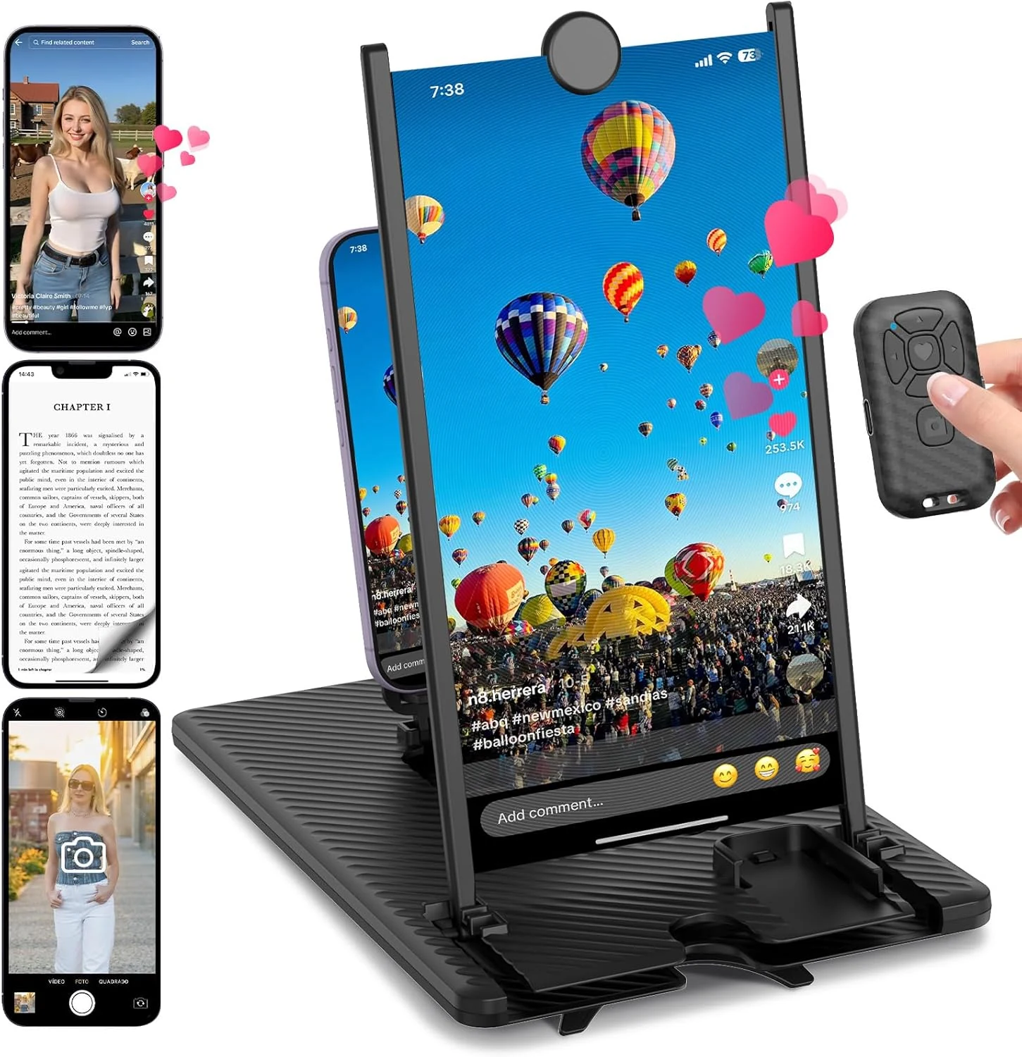 SEANCHEER 5-in-1 Vertical Phone Screen Magnifier HD with Bluetooth Remote, 3D Portable Foldable Smartphone Stand (12")