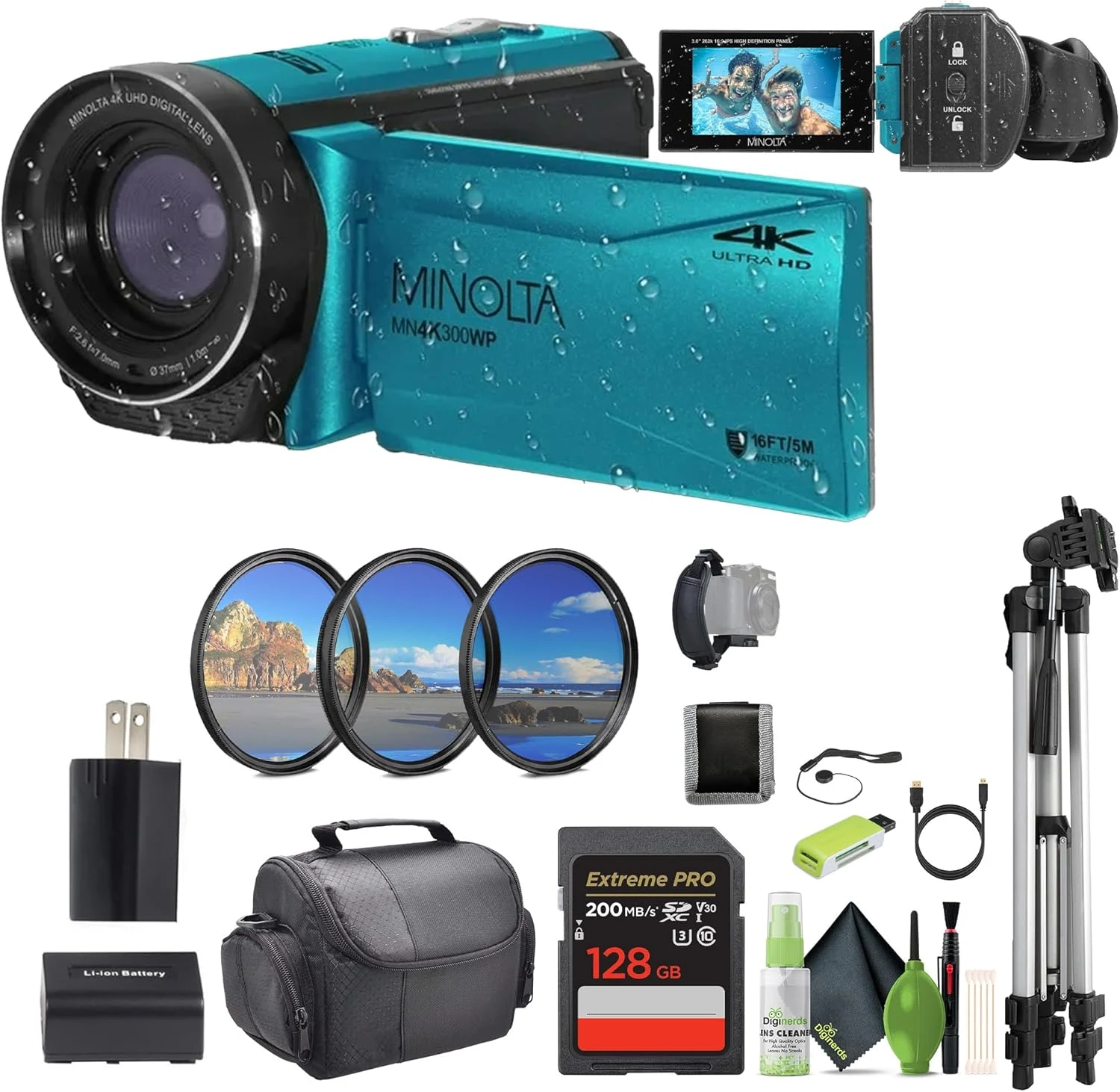 Minolta MN4K300WP 4K Ultra HD / 56 MP Waterproof Video Camcorder (Blue) Bundle