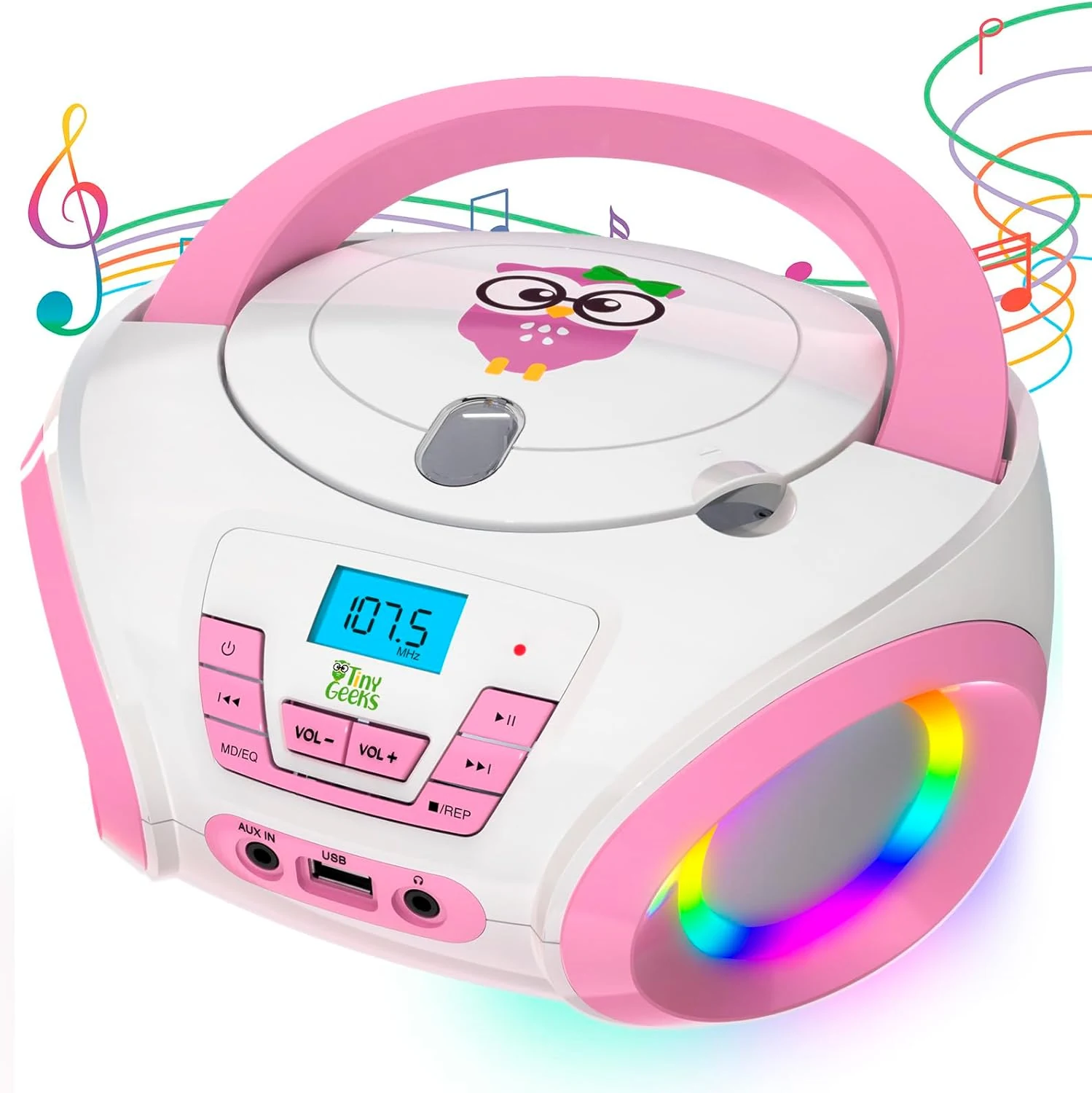 TINYGEEKS Tunes Kids Boombox CD Player for Children - FM Radio - Includes Batteries - Pink Radio - CD Player with Speakers for Children and Toddlers - Pink