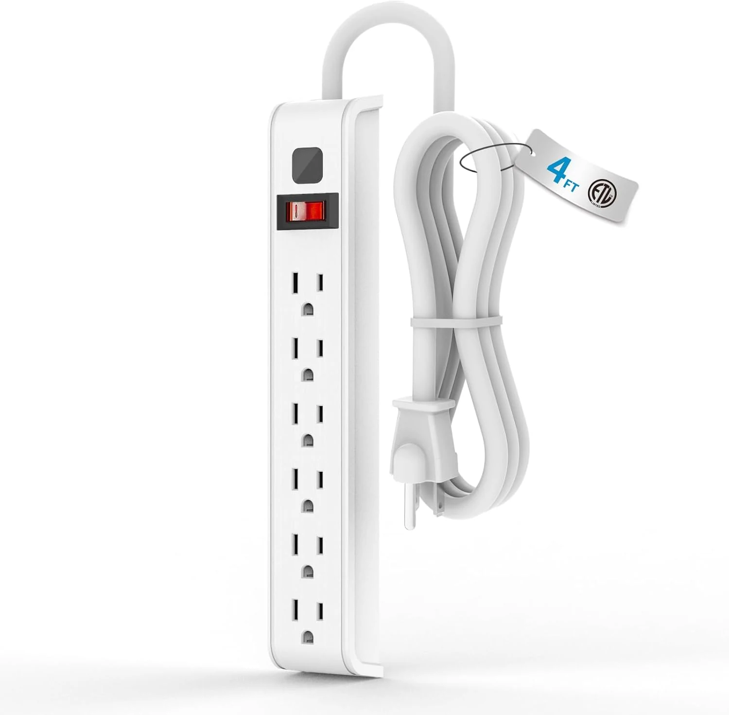 TiFFCOFiO Surge Protector Power Strip, 4 Feet Extension Cord, 600 Joules Surge Protection, 6 Outlet Strip