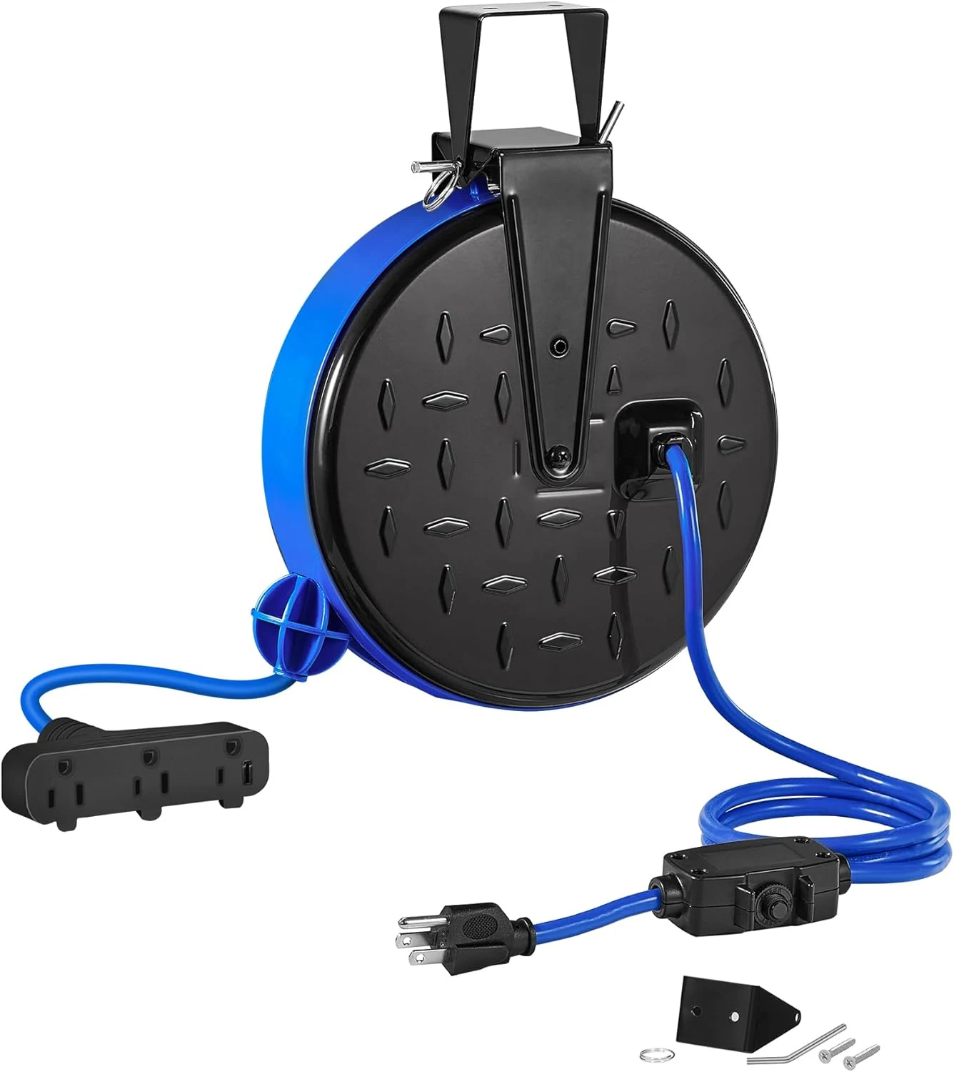 30 Ft Retractable Extension Cord Reel, 16/3 Gauge SJTW Power Cord with 3 Electrical Outlets Pigtail for Garage and Shop, 10 Amp Circuit Breaker, Metal Plate, UL Listed, Blue U30CR06