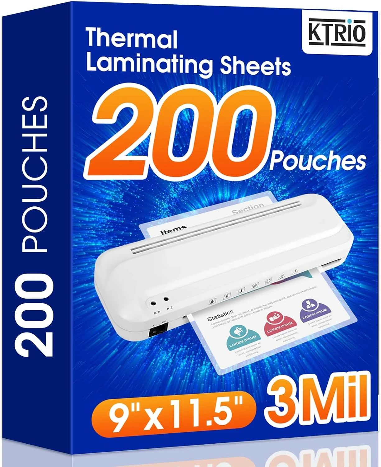 KTRIO 200 Pack Laminating Sheets, Hold 8.5 x 11 Inches, 3 Mil Thermal Laminating Pouches, 9 x 11.5 Laminate Sheets for Laminator, Clear Lamination Sheet Paper, Letter Size