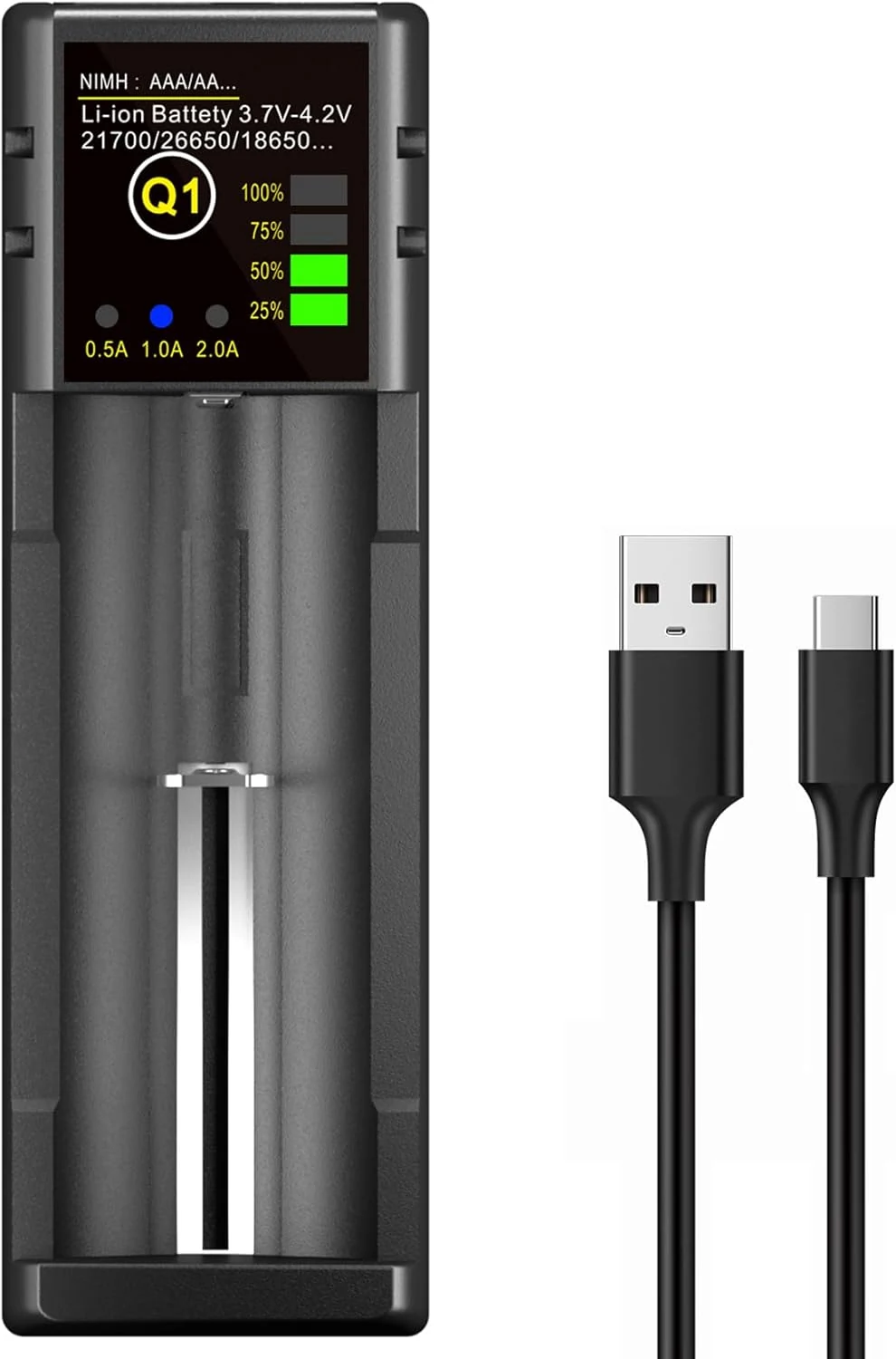 SEVENKA 1-Bay 18650 Battery Charger with Smart LCD (USB-C)