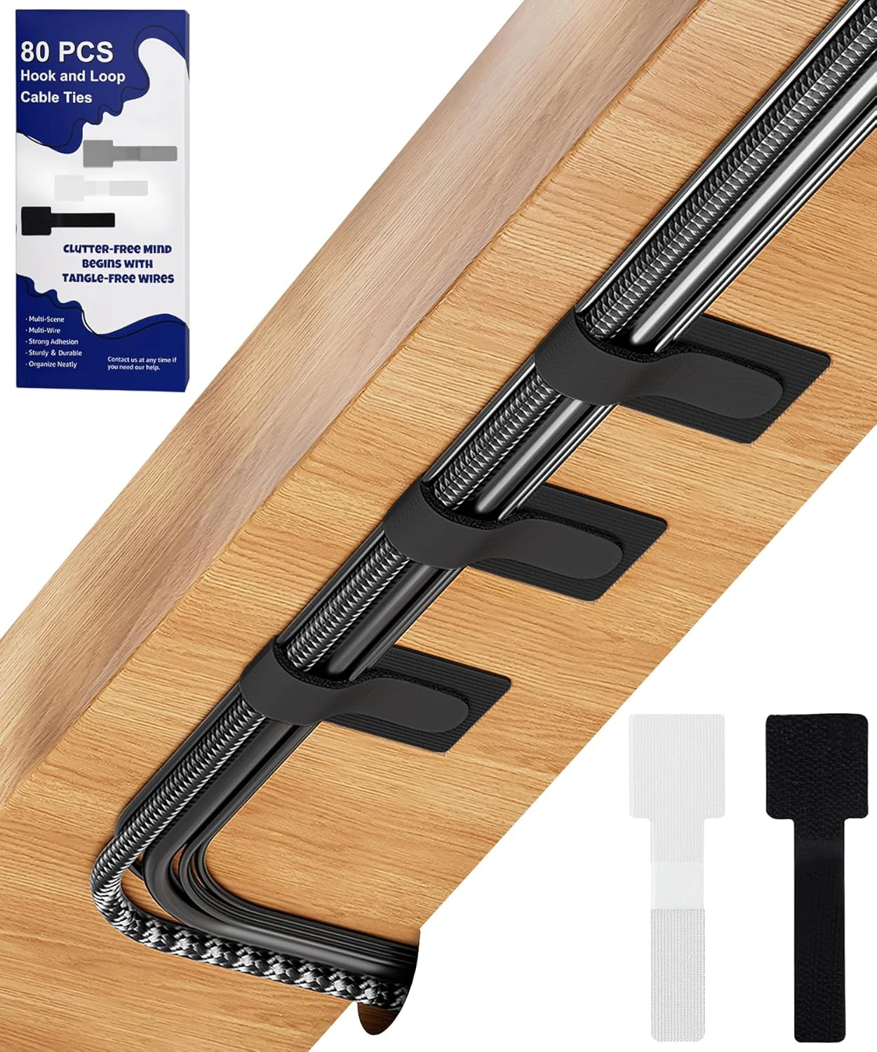80PCS Hook and Loop Cable Ties, Under Desk Cable Management