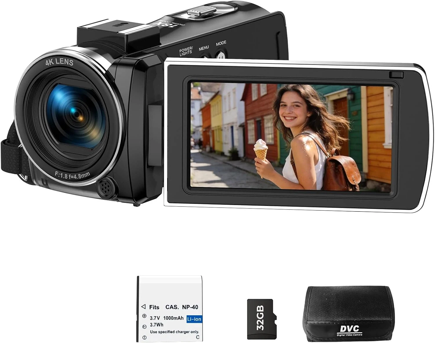 Camcorder Video Camera 4K, 64MP Digital Camera for Vlogging, 18X Digital Zoom 3” 270° Rotation Screen