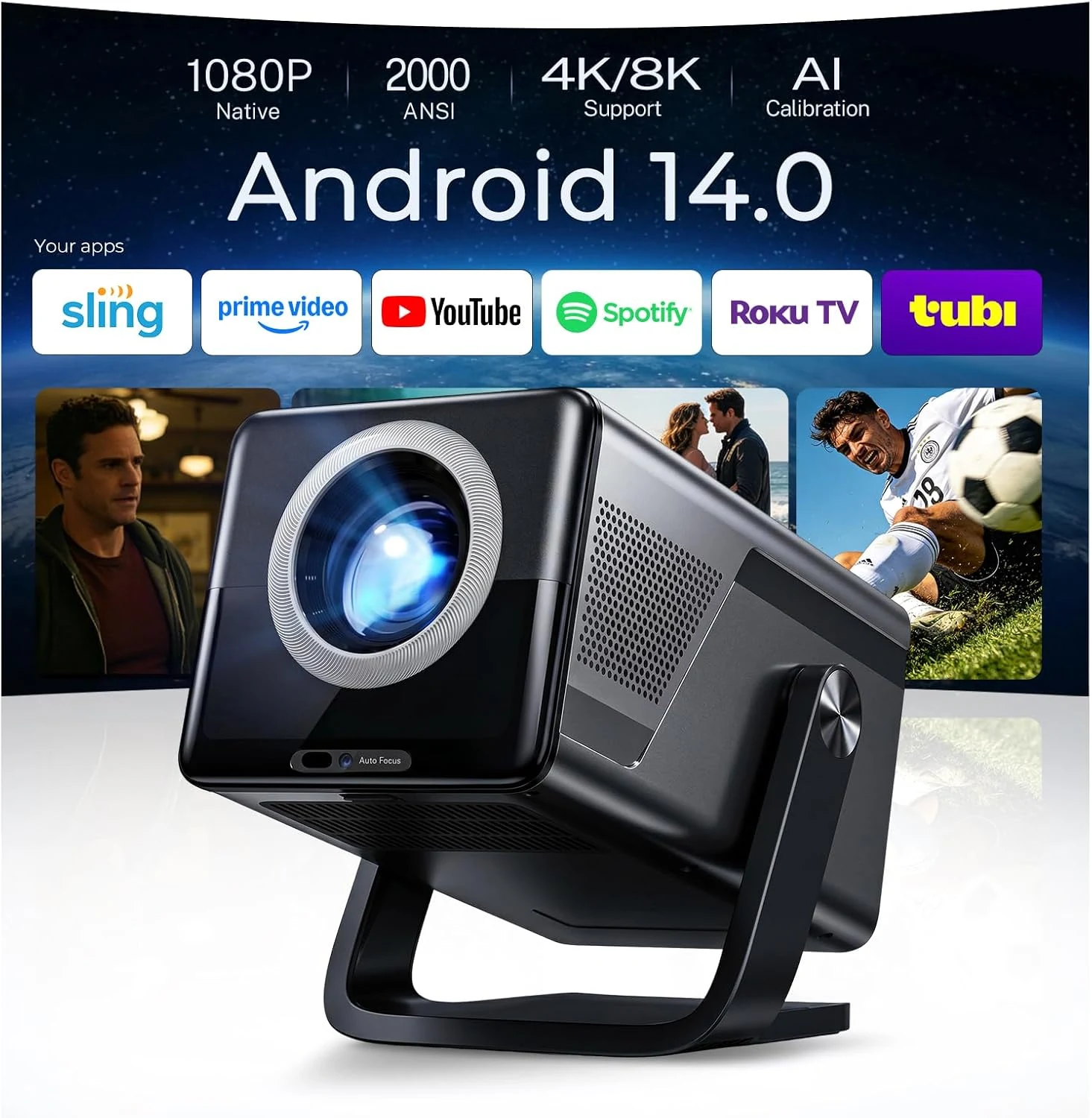 WEMI X7 Projector (Native 1080P, Android 14, Wi‑Fi 6, 2000 ANSI)