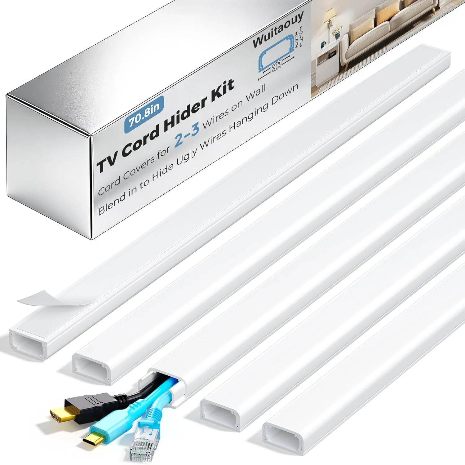 TV Cord Hider, 70.8in Cord Covers for 2-3 Wires on Wall