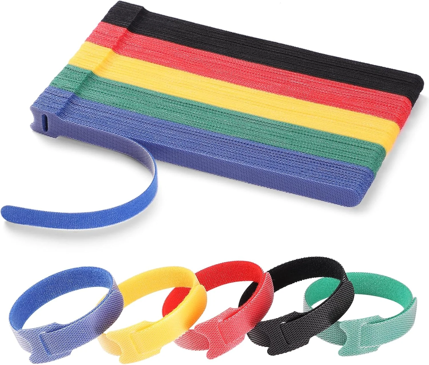 100 PCS 8 Inches Reusable Cable Ties | Adjustable Cord Wraps, Cable Straps | Hook & Loop Cord Organizer, Cable Management | 5 Colors