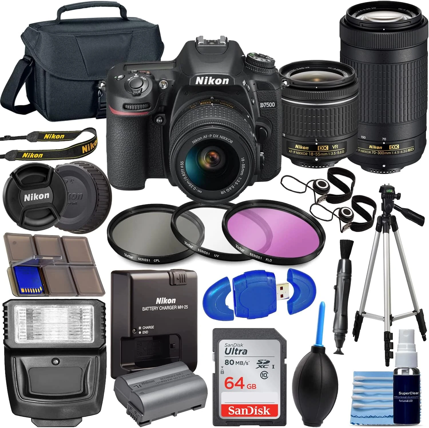 Nikon D7500 DX-Format Digital SLR w/AF-P NIKKOR 18-55mm f/3.5-5.6G VR Lens + 70-300mm f/4.5-6.3G ED Lens Bundle