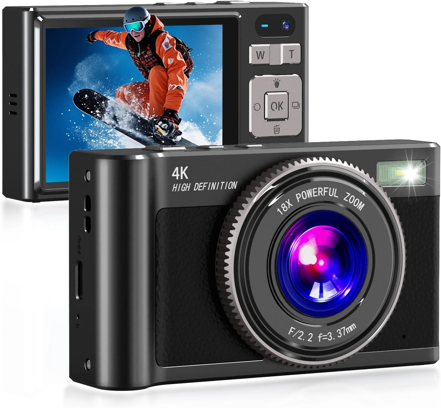 Forc Digital Camera,4K Camara de Fotos with 64GB Card,18X Zoom Anti-Shake Video
