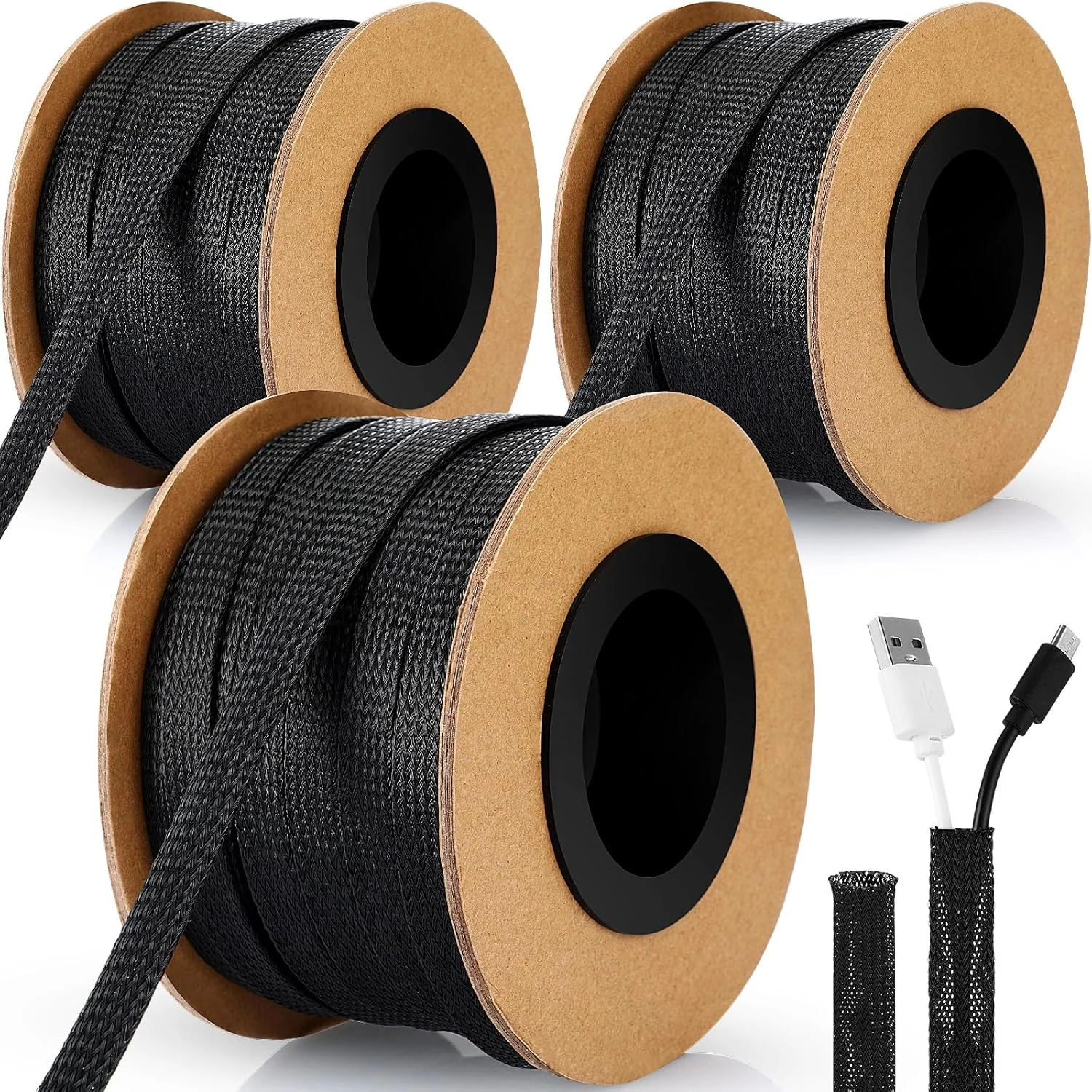 Pangda 300 Feet 1/4, 1/2, 3/8 Inches Wire Loom PET Expandable Braided Sleeving Braided Sleeve for TV, Computer, Home Theater(Black)