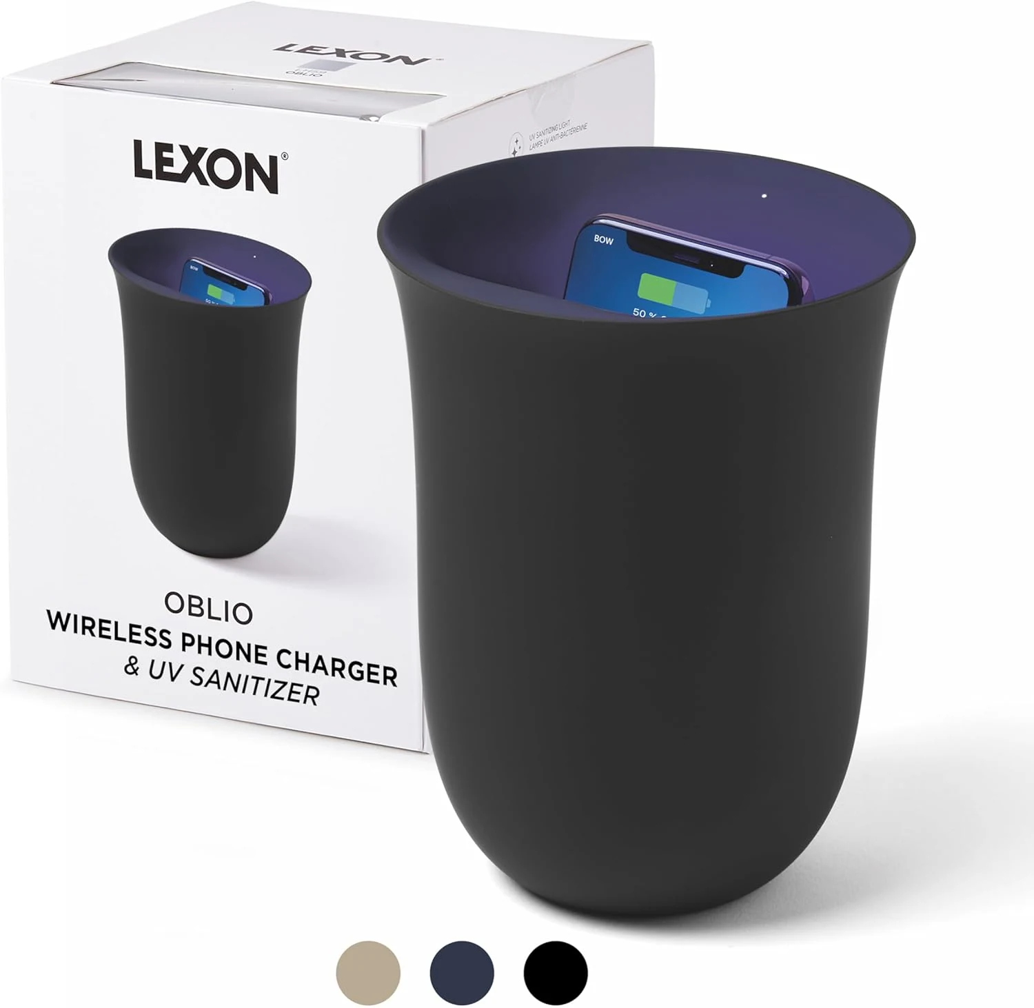Lexon OBLIO QI Wireless Charger and Phone Sanitizer, UV Disinfection Light and Fast Charging Station 10W, Black