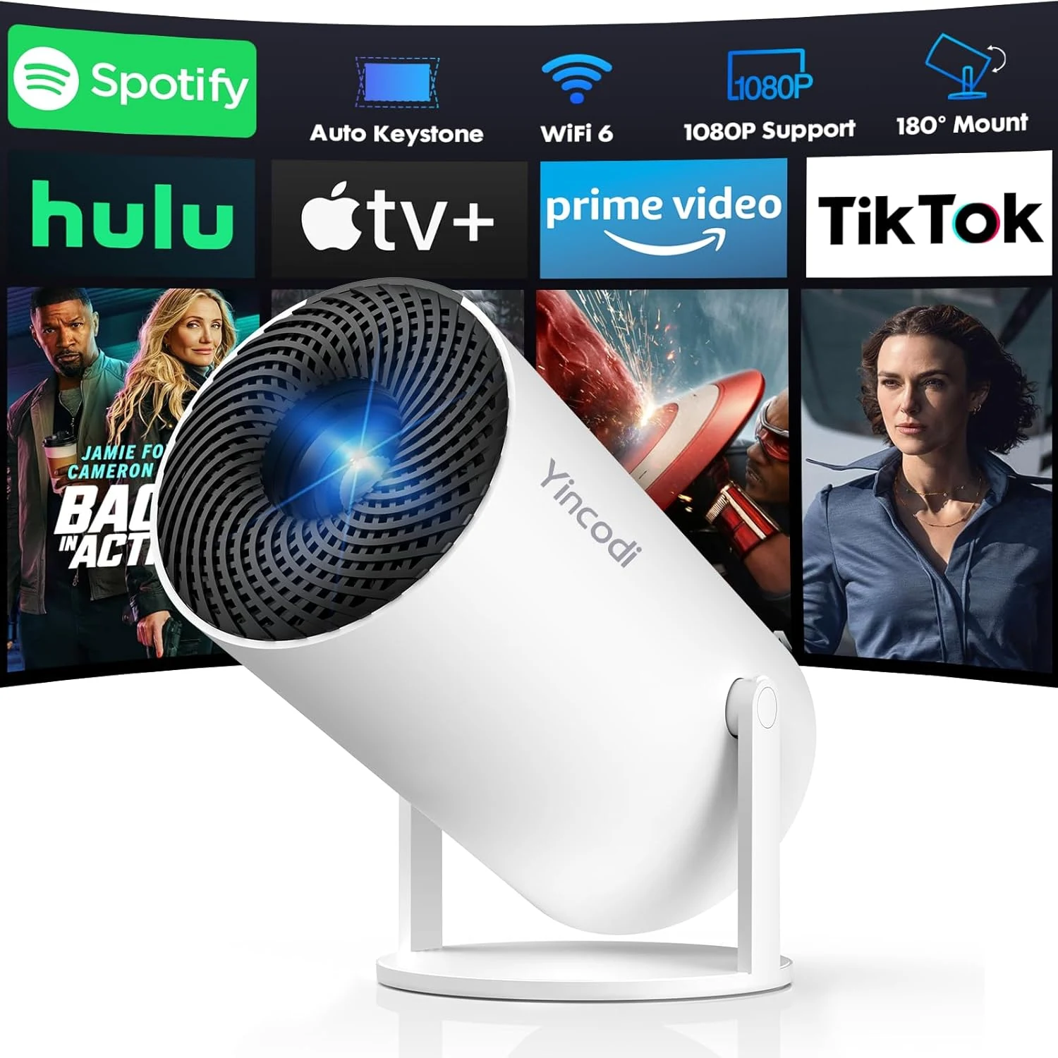 YINCODI mini projector with WiFi and Bluetooth (native 1080P, Android TV)