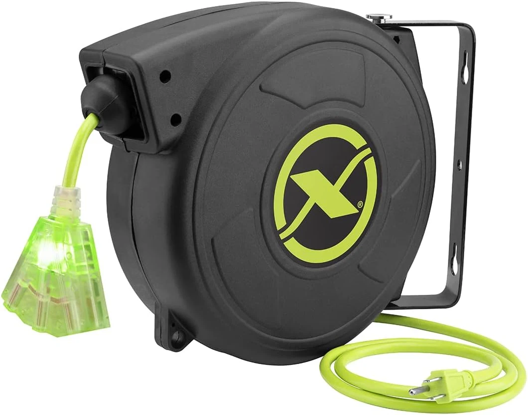 Flexzilla Retractable Extension, 14/3 AWG SJTOW, 50', Grounded Triple Tap Outlet Electric Cord Reel (FZ8140503)