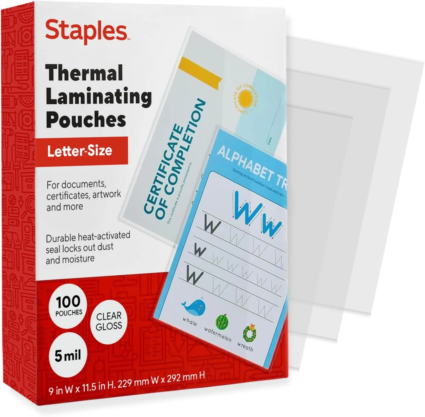 Staples Thermal Laminating Pouches, Letter Size, 9 x 11.5 Inches, 5 Mil, 100/Pack, for Office & School Use