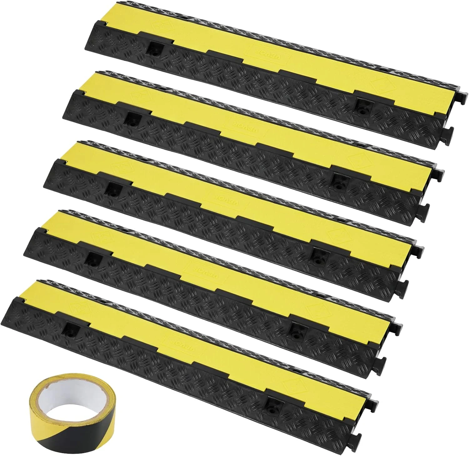 VEVOR 5 PCs Rubber Cable Protector Ramp, 2 Channel, 12000 lbs/axle Capacity Heavy Duty Hose Wire Cover Ramp Driveway, Traffic Speed Bump w/Flip-Open Top Cover & 50 ft Warning Tape, for Indoor&Outdoor
