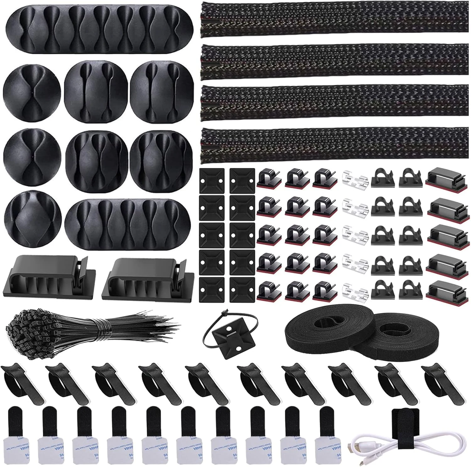 Cord Management Organizer Kit 4 Cable Sleeve split with 41Self Adhesive Cable Clips Holder, 10pcs and 2 Roll Self Adhesive tie and 100 Fastening Cable Ties