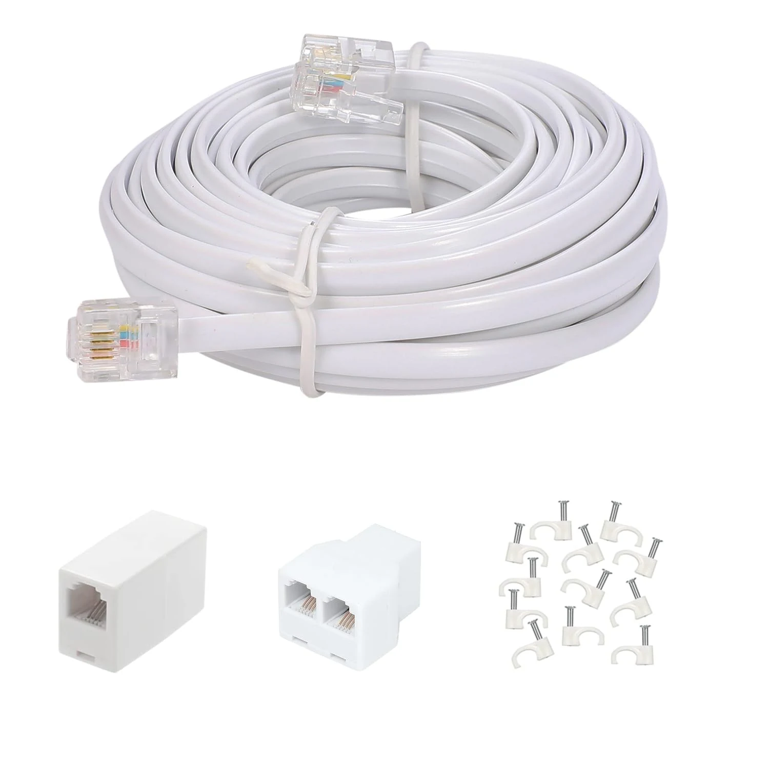 Long Telephone Extension Cord 20 FT, White, Phone Cable Wire with Standard RJ11 Plug, 1 Phone Line Splitter, 1 in-line Coupler and 15 Cable Clips for Telephone Calling Communication