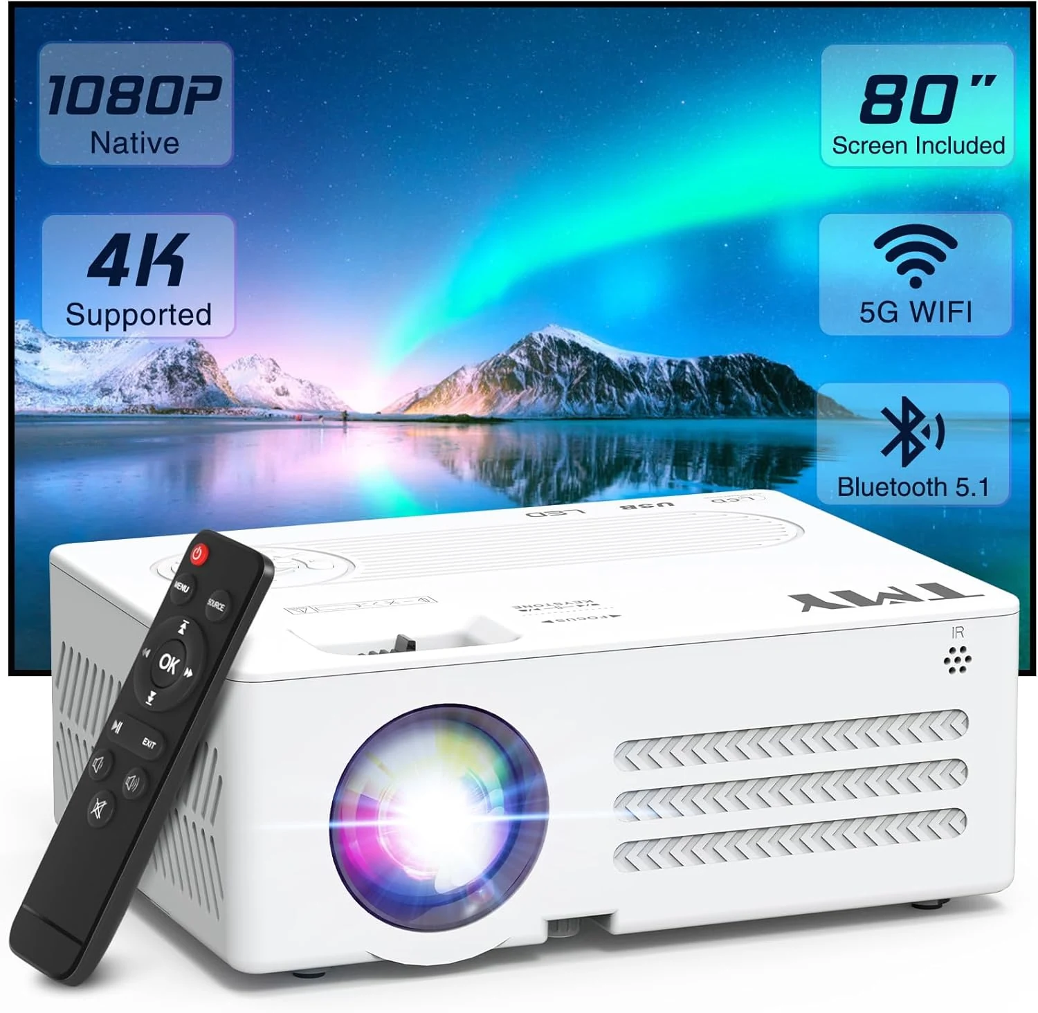 TMY Projector with WiFi and Bluetooth【80" screen included】Native 1080P Outdoor Projector, 4K Supported Portable Projector