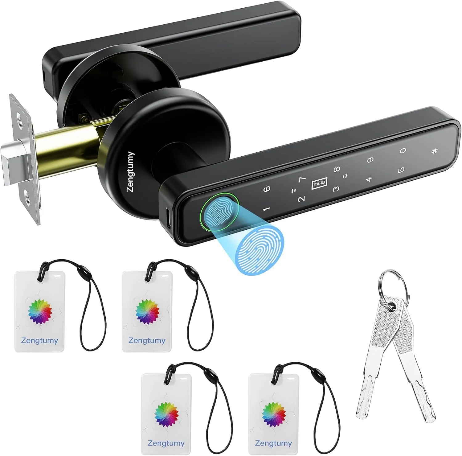Fingerprint Door Lock, Smart Door Knob with Fingerprint/Password/Key/IC Card-Smart Door Lock for Bedroom, Hotel, Office, Apartment (Black 04)